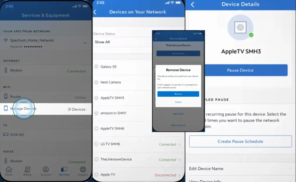 manage, remove, schedule and pasue connected devices through my spectrum app