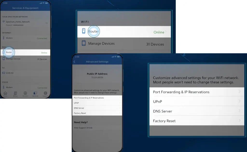 spectrum router advance settings to factory reset 